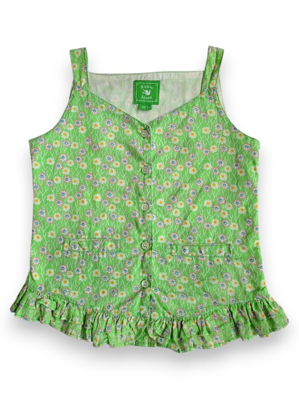 Room Seven Vintage Girls Sleeveless Cotton Floral Button-Front Ruffle Top S
